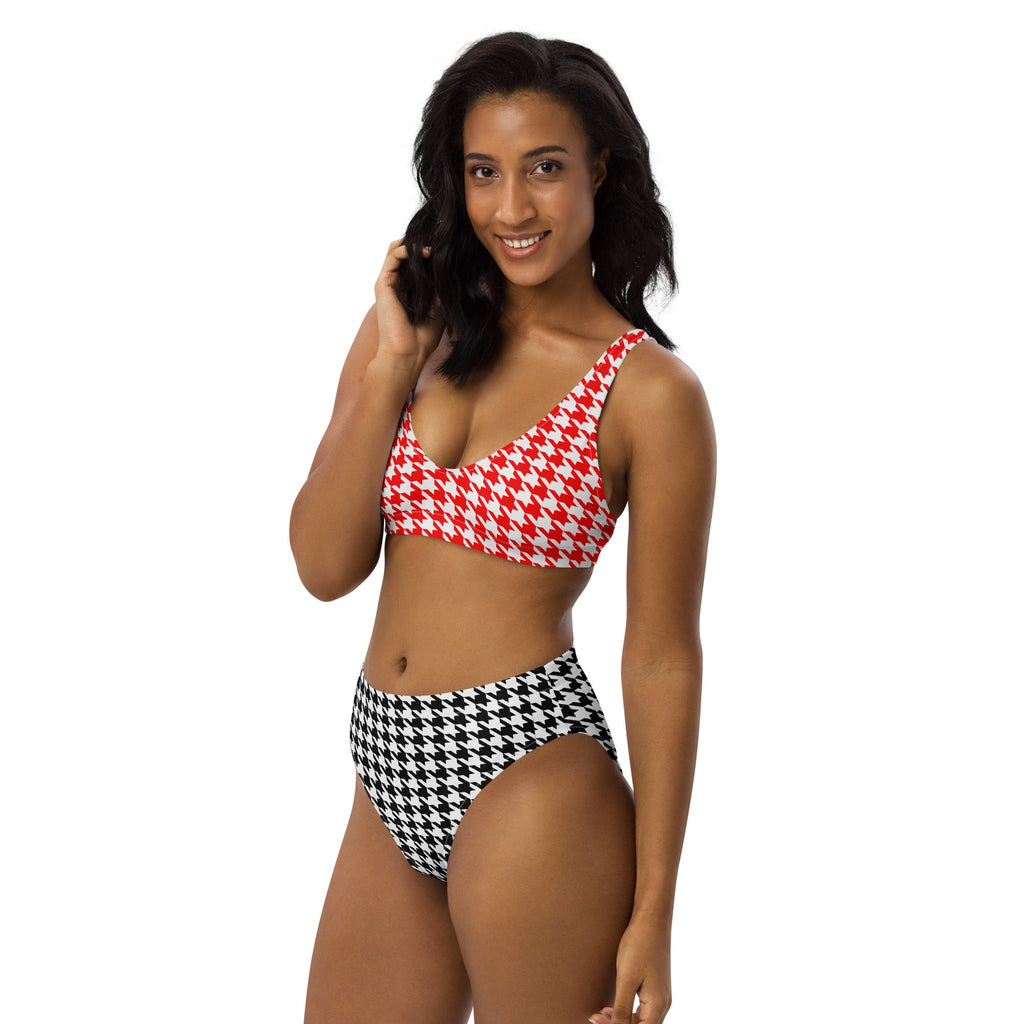 Red & Black Diana Inspired Houndstooth Eco - Conscious High - Waisted Bikini - Artwork by Lili