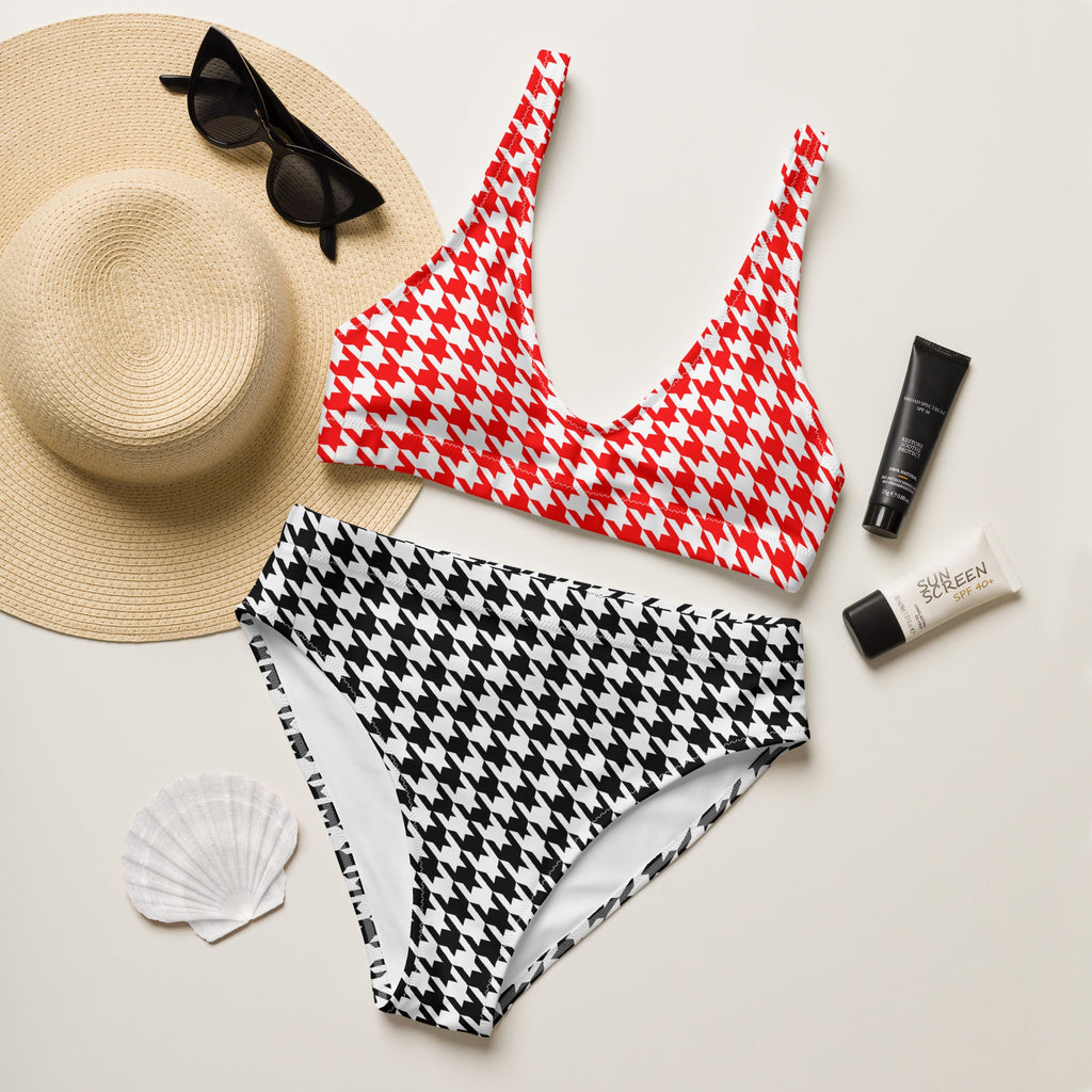 Red & Black Diana Inspired Houndstooth Eco - Conscious High - Waisted Bikini - Artwork by Lili