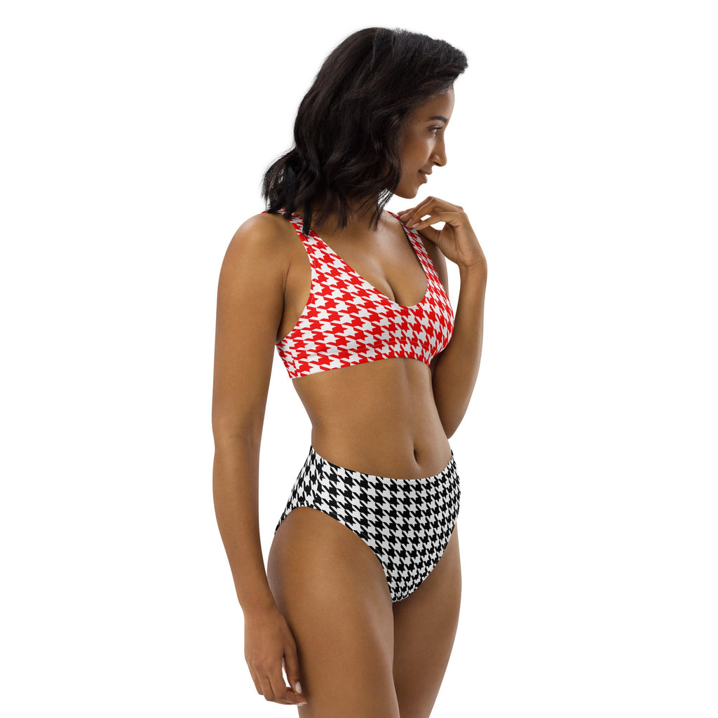 Red & Black Diana Inspired Houndstooth Eco - Conscious High - Waisted Bikini - Artwork by Lili