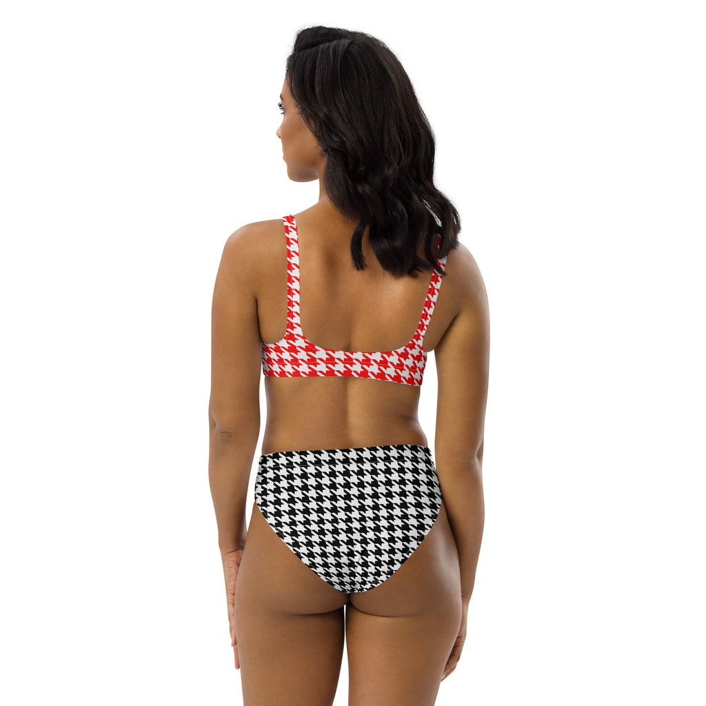 Red & Black Diana Inspired Houndstooth Eco - Conscious High - Waisted Bikini - Artwork by Lili