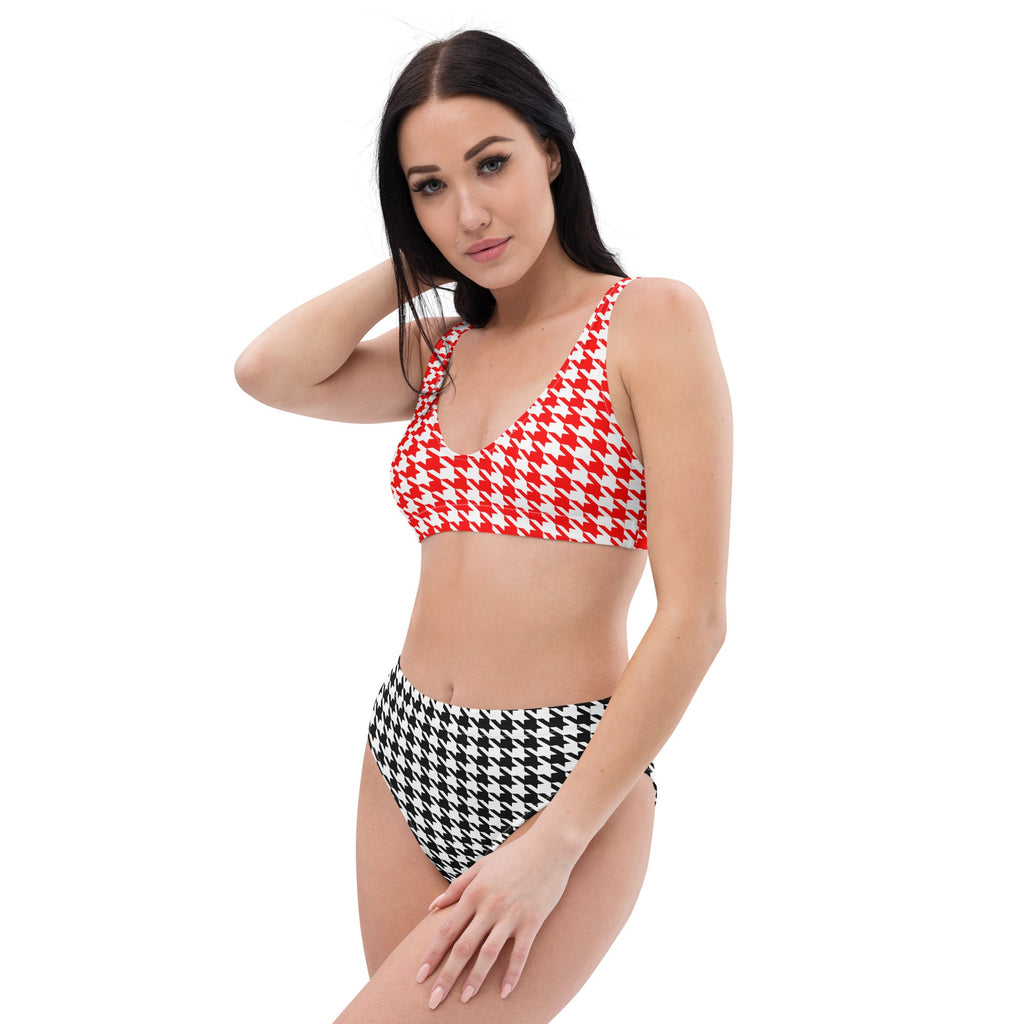 Red & Black Diana Inspired Houndstooth Eco - Conscious High - Waisted Bikini - Artwork by Lili