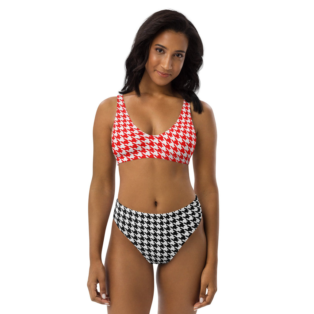Red & Black Diana Inspired Houndstooth Eco - Conscious High - Waisted Bikini - Artwork by Lili