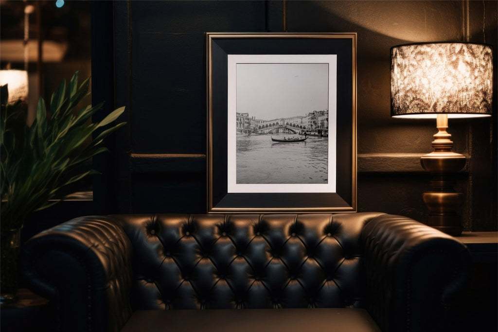 Venice Italy Grand Canal Travel Photography, Gondola + Rialto Bridge Architecture Print, Black and White Home & Office Wall Art - Artwork by Lili