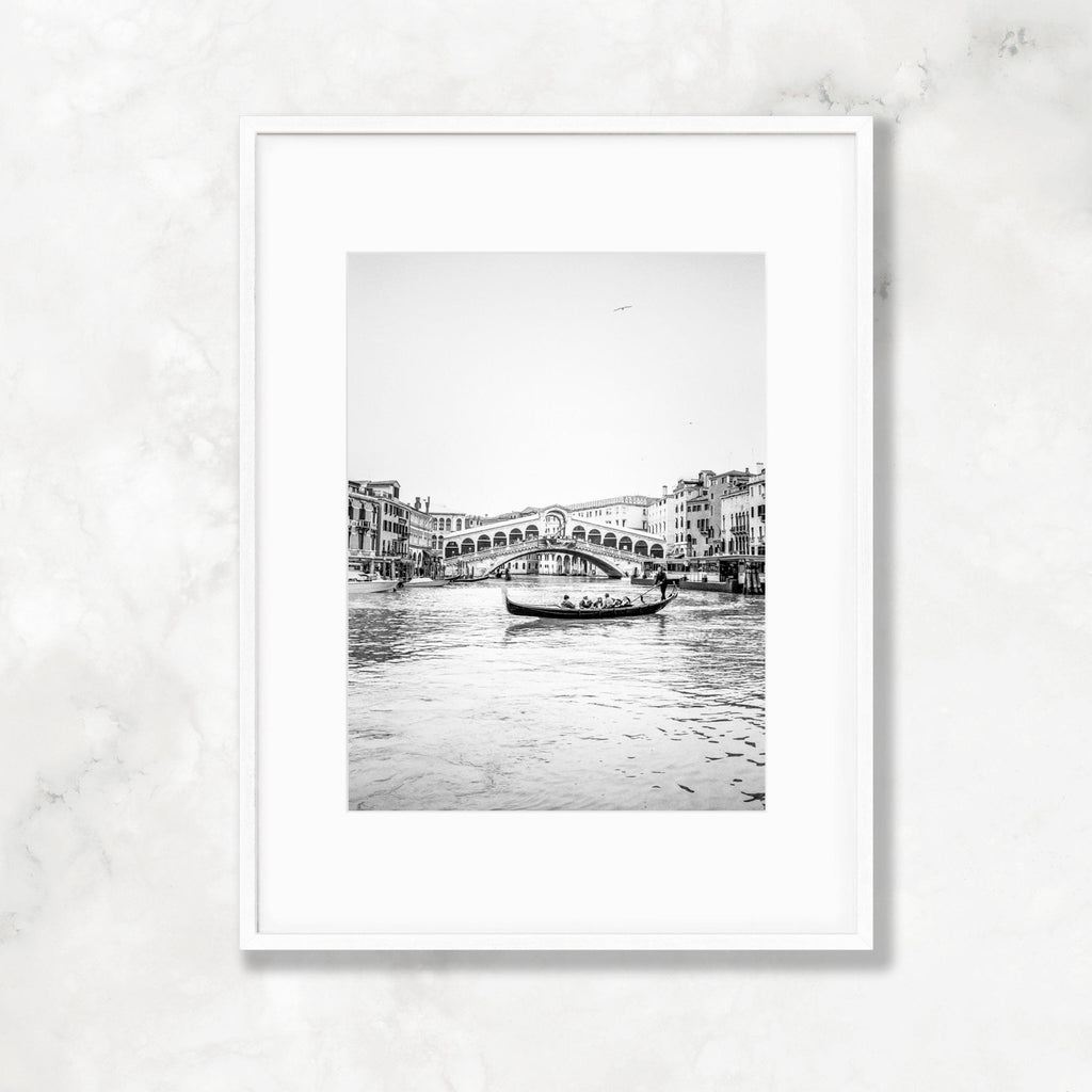 Venice Italy Grand Canal Travel Photography, Gondola + Rialto Bridge Architecture Print, Black and White Home & Office Wall Art - Artwork by Lili