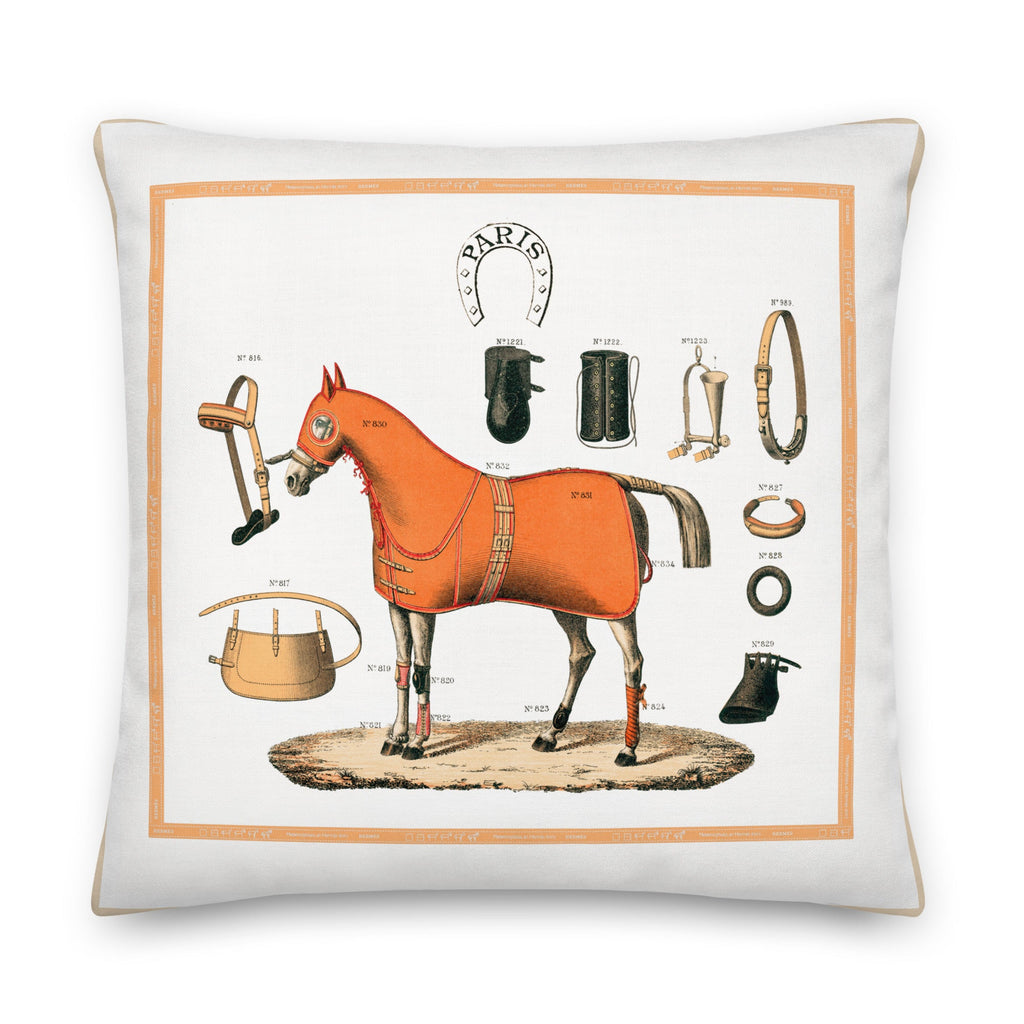 Vintage French Equestrian Theme Orange Palette 22x22 Premium Pillow - Artwork by Lili