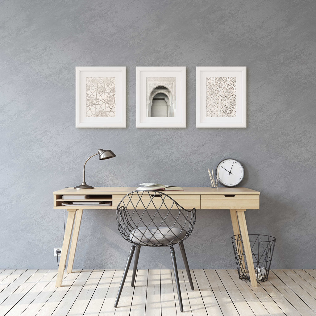 Alhambra Spain White Patterns and Arches Set of 3 Prints, Andalucia Granada Spanish Architecture and Travel, Chic Home & Office Wall Art - Artwork by Lili