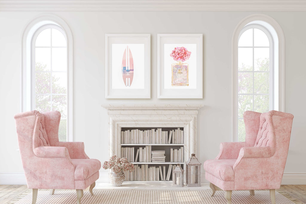 Beach Themed Chanel Perfume Bottle & Surfboard Set of 2 Prints, LA Santa Monica Venice Beach, Wall Art Home Decor - Artwork by Lili