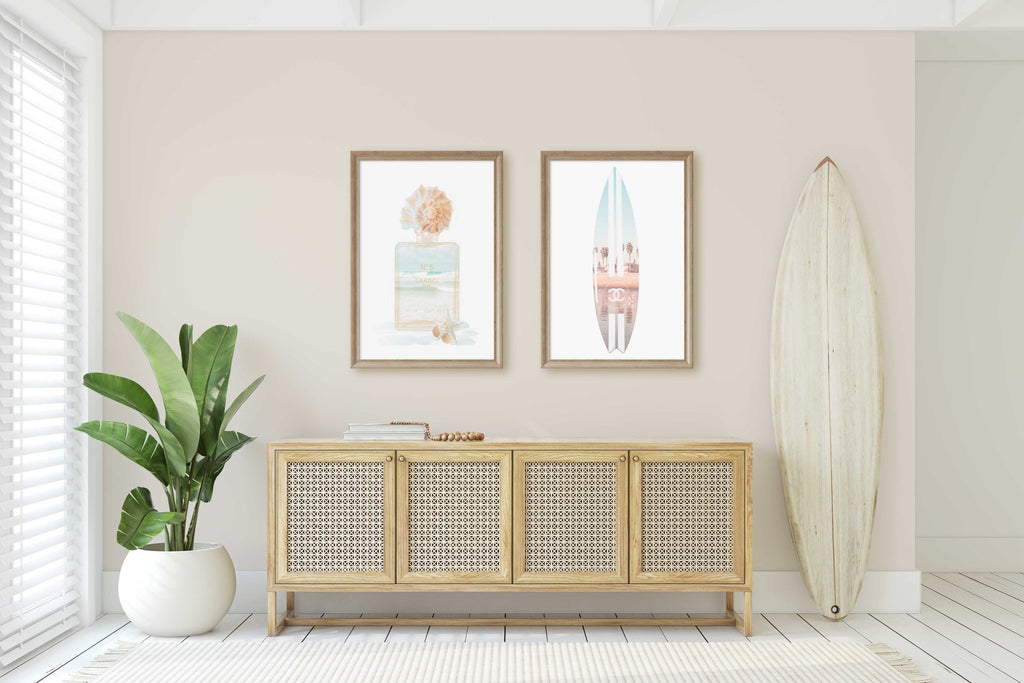 Beach Themed Chanel Perfume Bottle & Surfboard Set of 2 Prints, LA Santa Monica Venice Beach, Wall Art Home Decor - Artwork by Lili