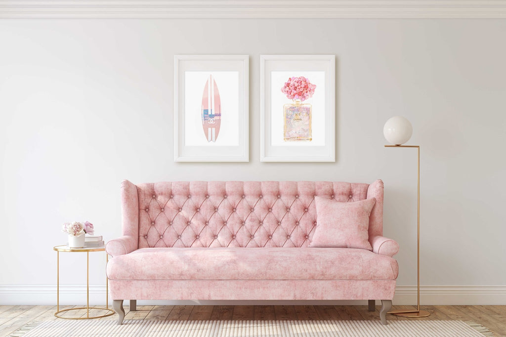 Beach Themed Chanel Perfume Bottle & Surfboard Set of 2 Prints, LA Santa Monica Venice Beach, Wall Art Home Decor - Artwork by Lili