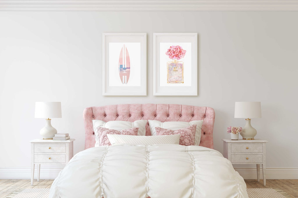 Beach Themed Chanel Perfume Bottle & Surfboard Set of 2 Prints, LA Santa Monica Venice Beach, Wall Art Home Decor - Artwork by Lili