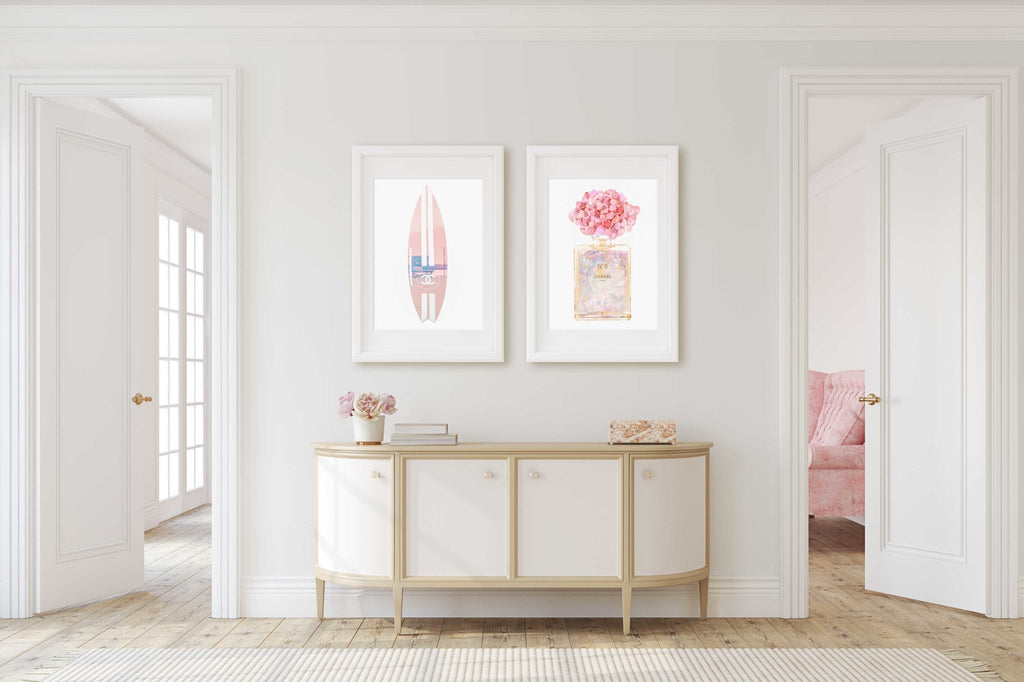 Beach Themed Chanel Perfume Bottle & Surfboard Set of 2 Prints, LA Santa Monica Venice Beach, Wall Art Home Decor - Artwork by Lili