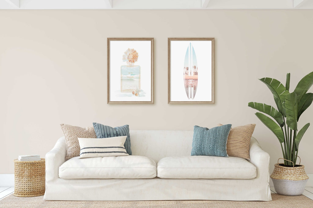 Beach Themed Chanel Perfume Bottle & Surfboard Set of 2 Prints, LA Santa Monica Venice Beach, Wall Art Home Decor - Artwork by Lili
