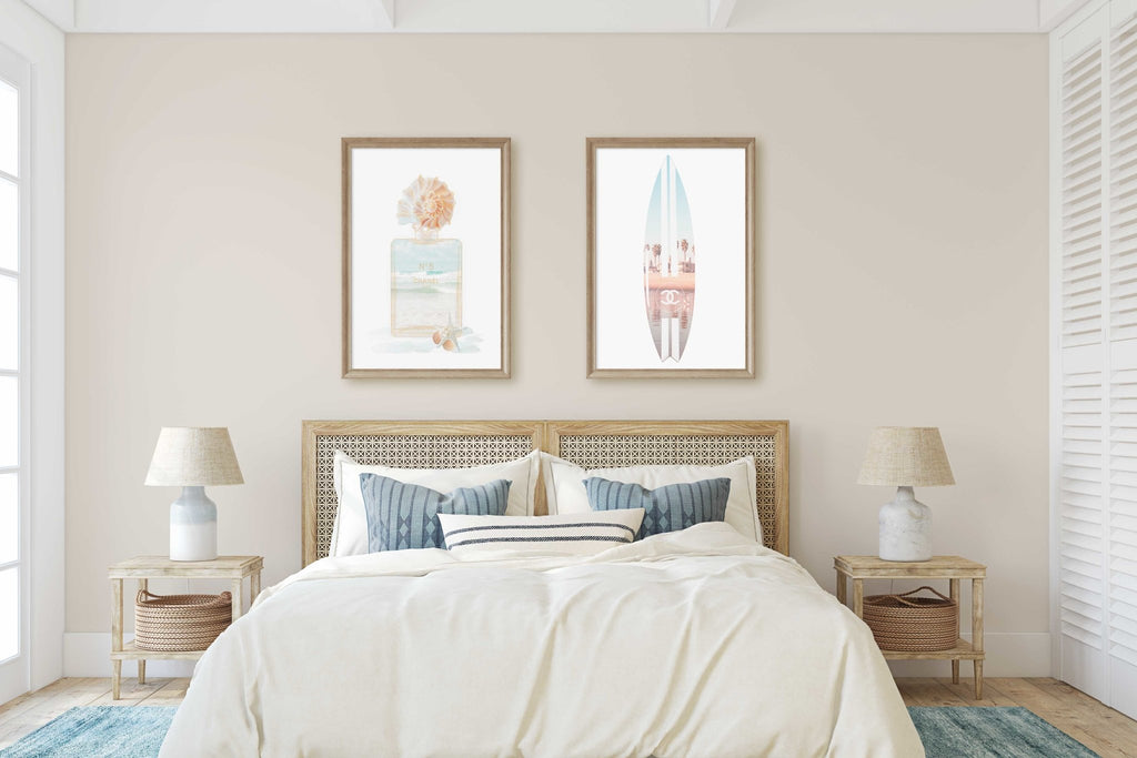 Beach Themed Chanel Perfume Bottle & Surfboard Set of 2 Prints, LA Santa Monica Venice Beach, Wall Art Home Decor - Artwork by Lili