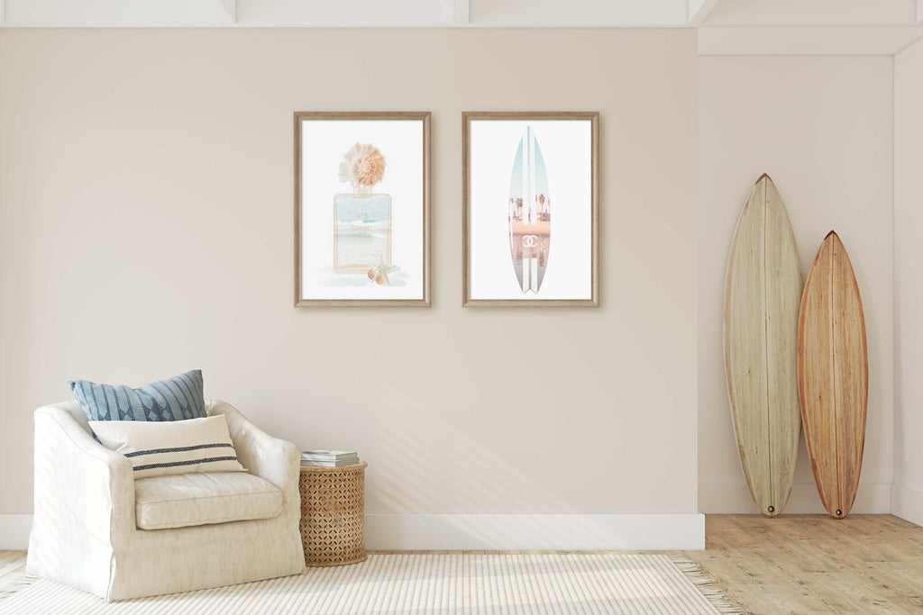 Beach Themed Chanel Perfume Bottle & Surfboard Set of 2 Prints, LA Santa Monica Venice Beach, Wall Art Home Decor - Artwork by Lili