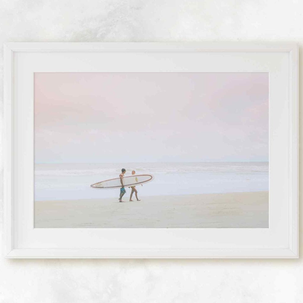 Costa Rica Beach Surfer Couple Print, Bright Pastel Tones, Soothing Landscape, Central America Travel Photography, Home & Office Decor - Artwork by Lili
