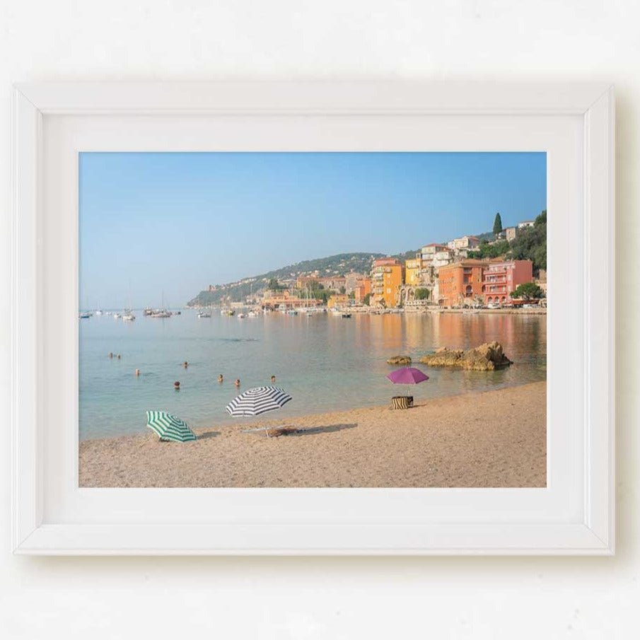 Côte d'Azur Beach Umbrellas Travel Photography, South of France Mediterranean Sea Colorful Landscape Print, Living Room & Home Decor - Artwork by Lili