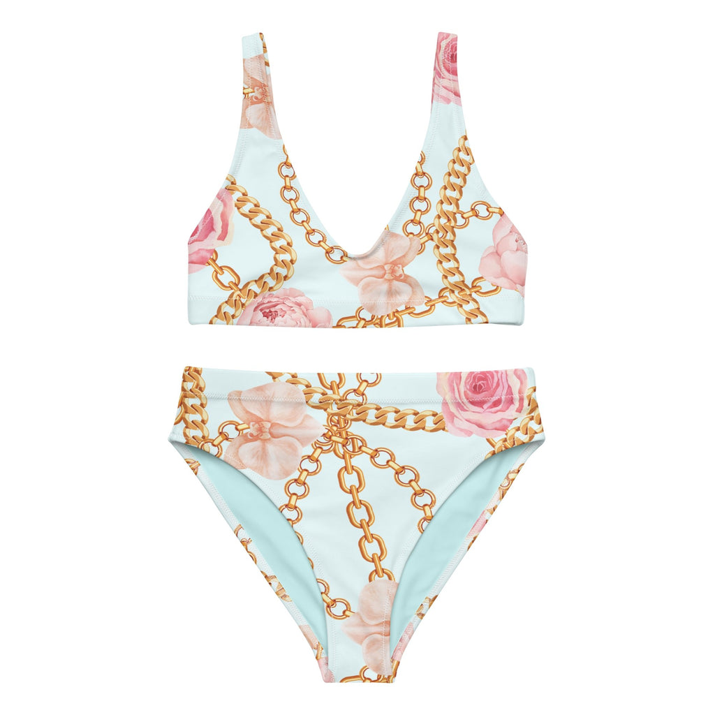 Gold Chains & Pink Flowers Eco-conscious Women's High-Waisted Bikini - Artwork by Lili
