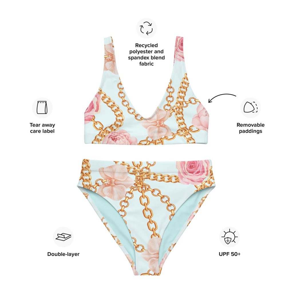 Gold Chains & Pink Flowers Eco-conscious Women's High-Waisted Bikini - Artwork by Lili