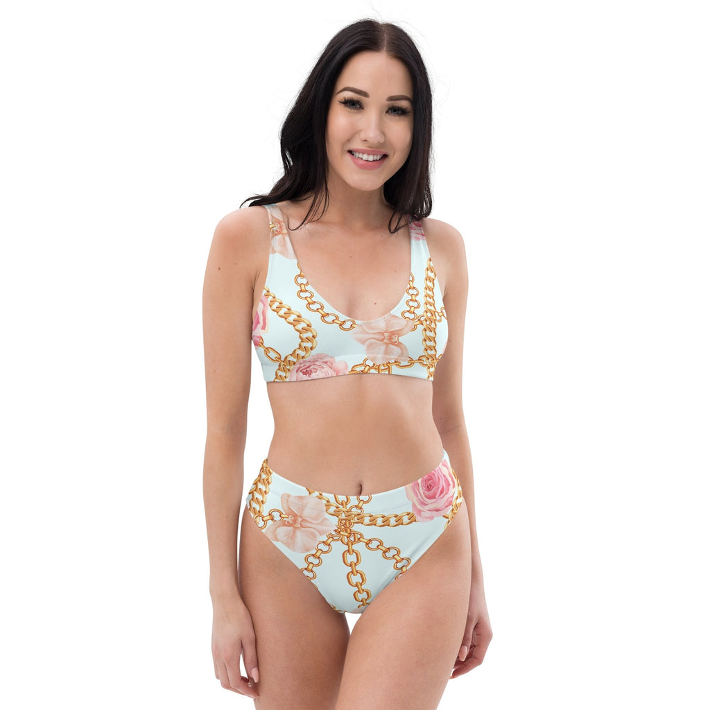 Gold Chains & Pink Flowers Eco-conscious Women's High-Waisted Bikini - Artwork by Lili