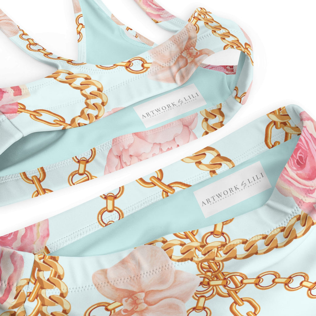Gold Chains & Pink Flowers Eco-conscious Women's High-Waisted Bikini - Artwork by Lili