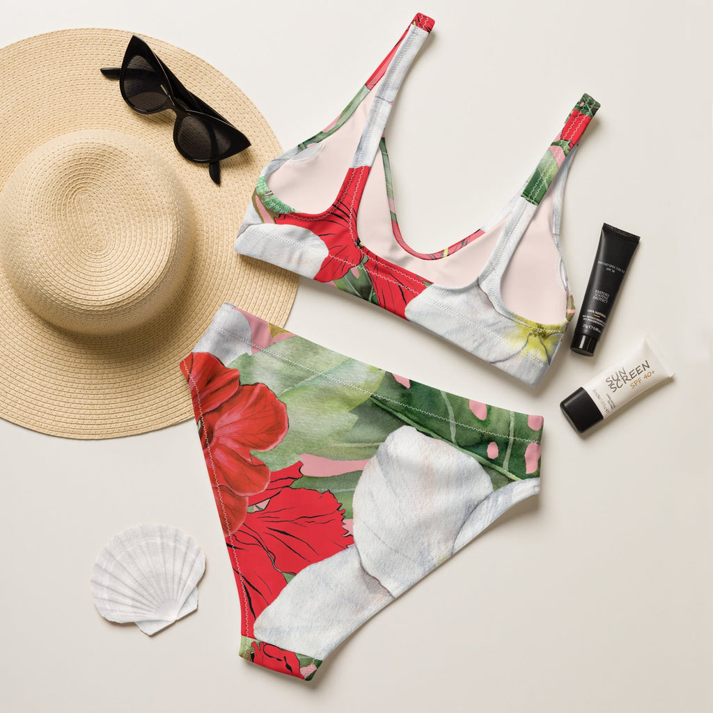 Hibiscus and Monstera Eco-conscious Women's High-Waisted Bikini - Artwork by Lili