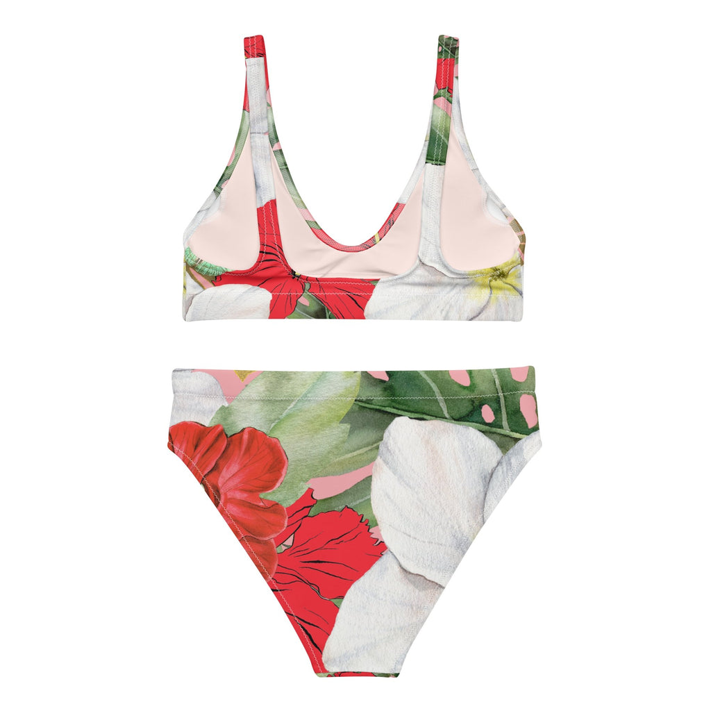 Hibiscus and Monstera Eco-conscious Women's High-Waisted Bikini - Artwork by Lili
