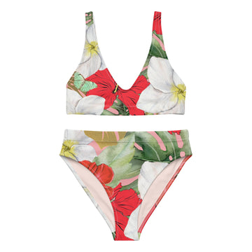 Hibiscus and Monstera Eco-conscious Women's High-Waisted Bikini - Artwork by Lili