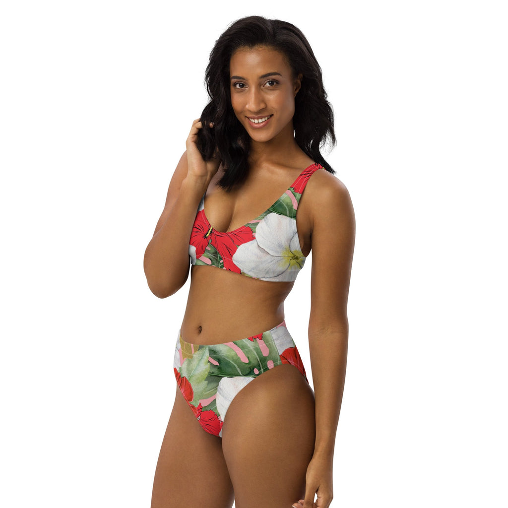 Hibiscus and Monstera Eco-conscious Women's High-Waisted Bikini - Artwork by Lili