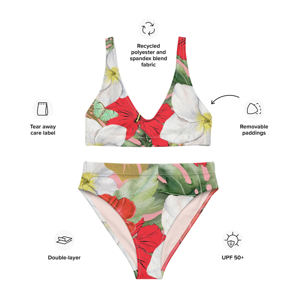 Hibiscus and Monstera Eco-conscious Women's High-Waisted Bikini - Artwork by Lili