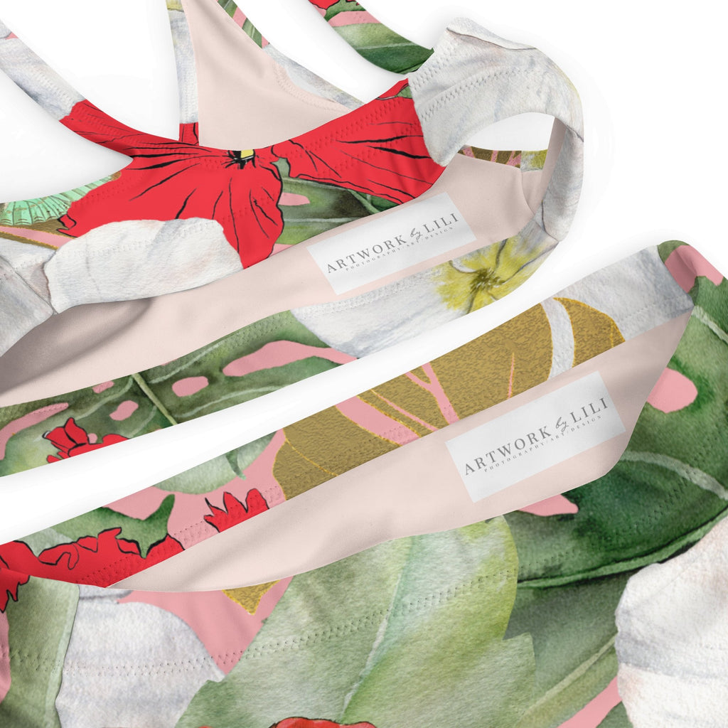 Hibiscus and Monstera Eco-conscious Women's High-Waisted Bikini - Artwork by Lili