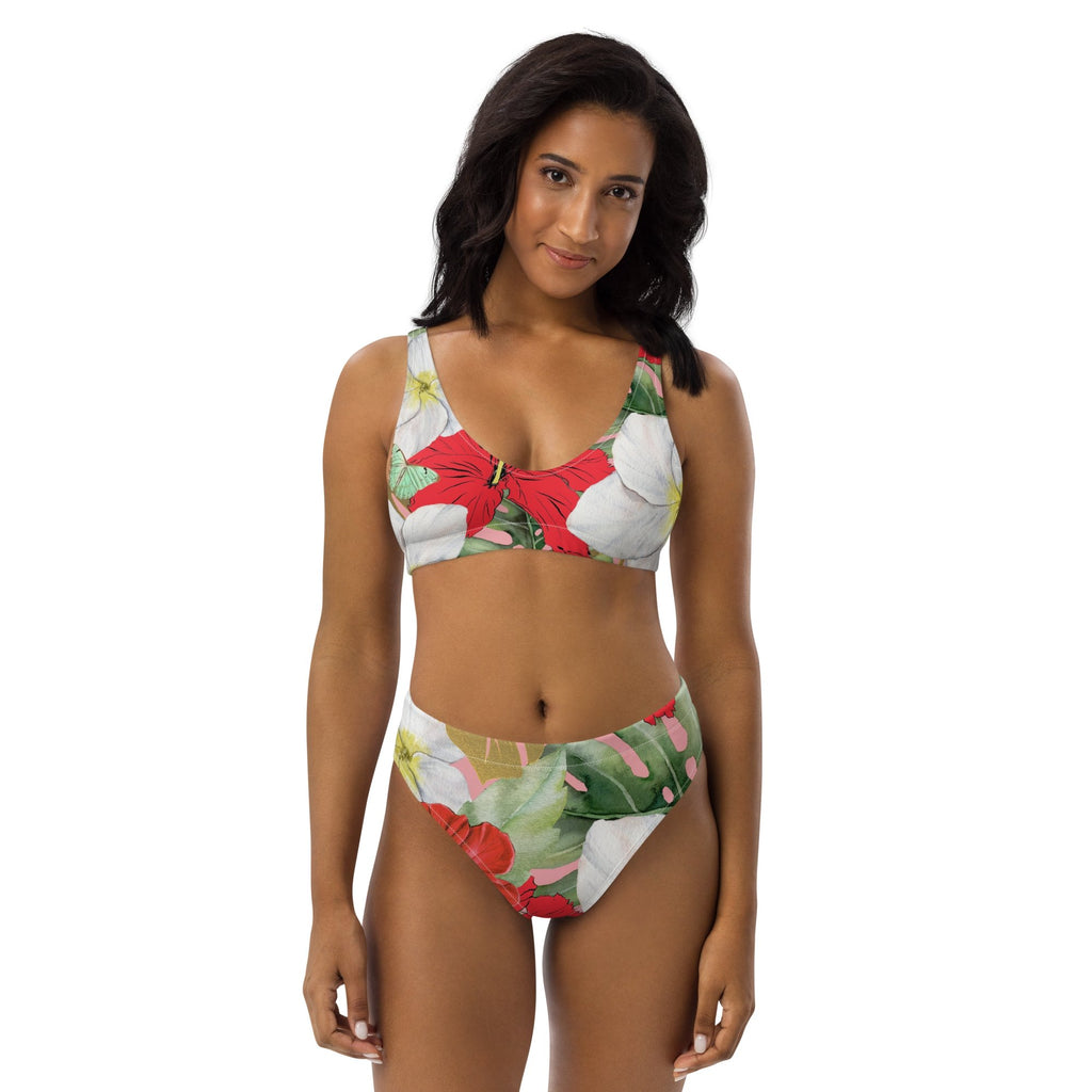 Hibiscus and Monstera Eco-conscious Women's High-Waisted Bikini - Artwork by Lili