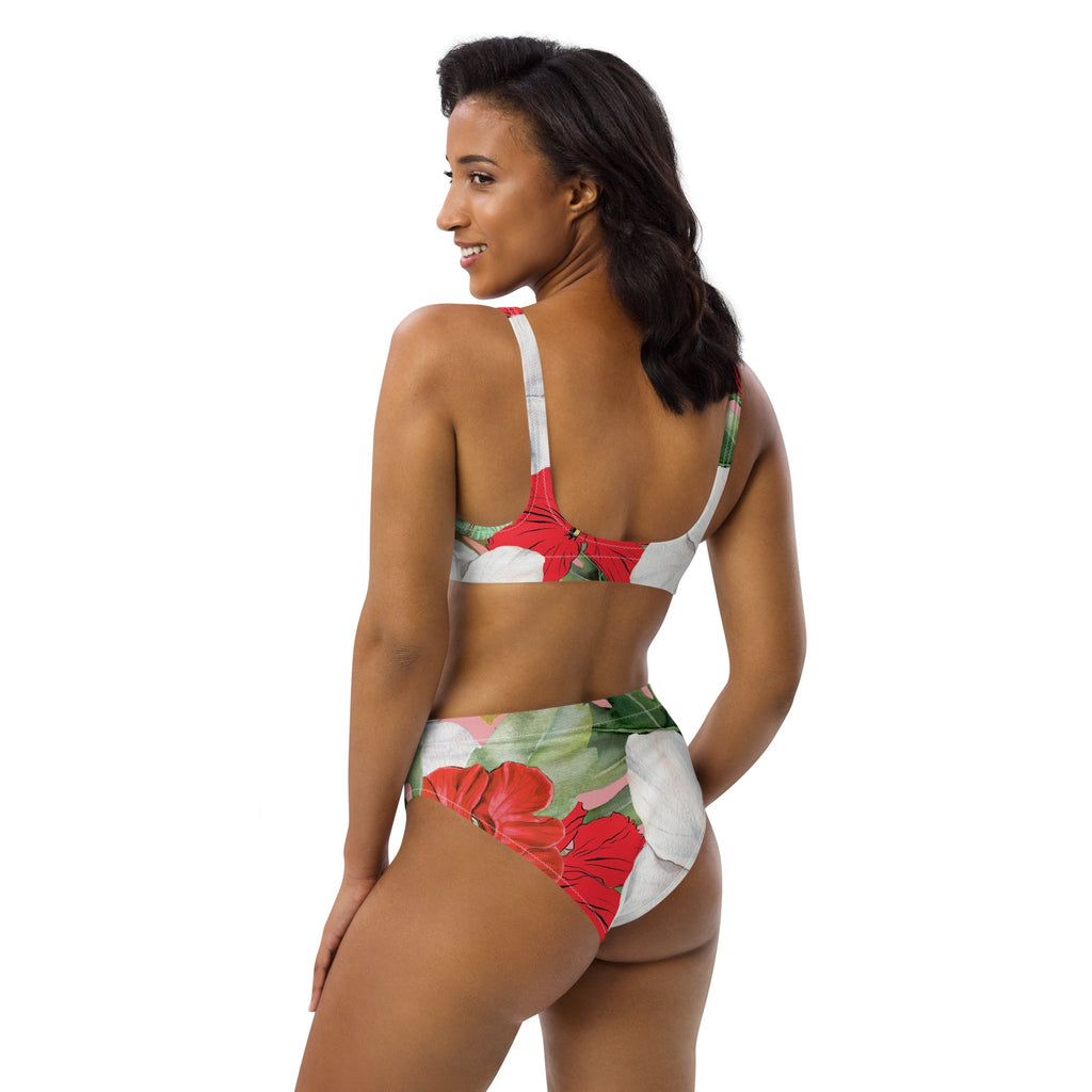 Hibiscus and Monstera Eco-conscious Women's High-Waisted Bikini - Artwork by Lili