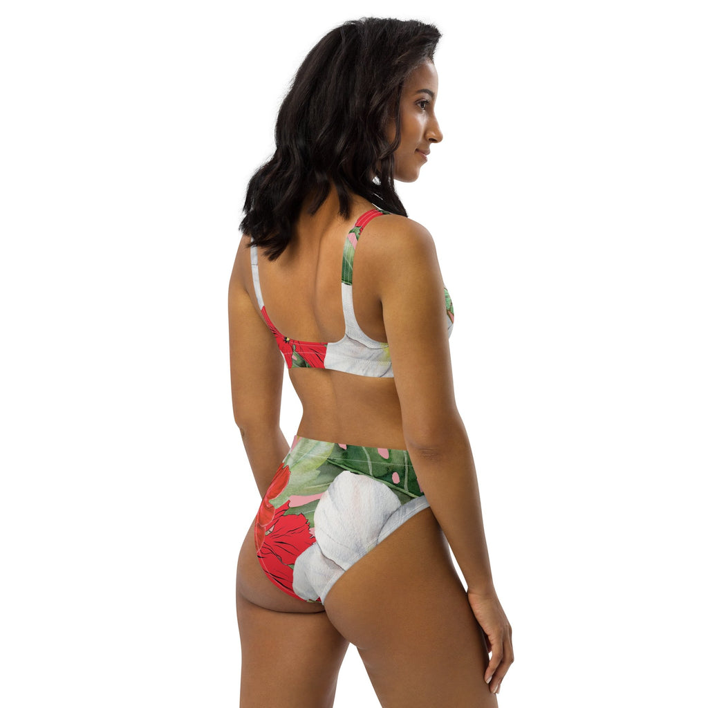 Hibiscus and Monstera Eco-conscious Women's High-Waisted Bikini - Artwork by Lili