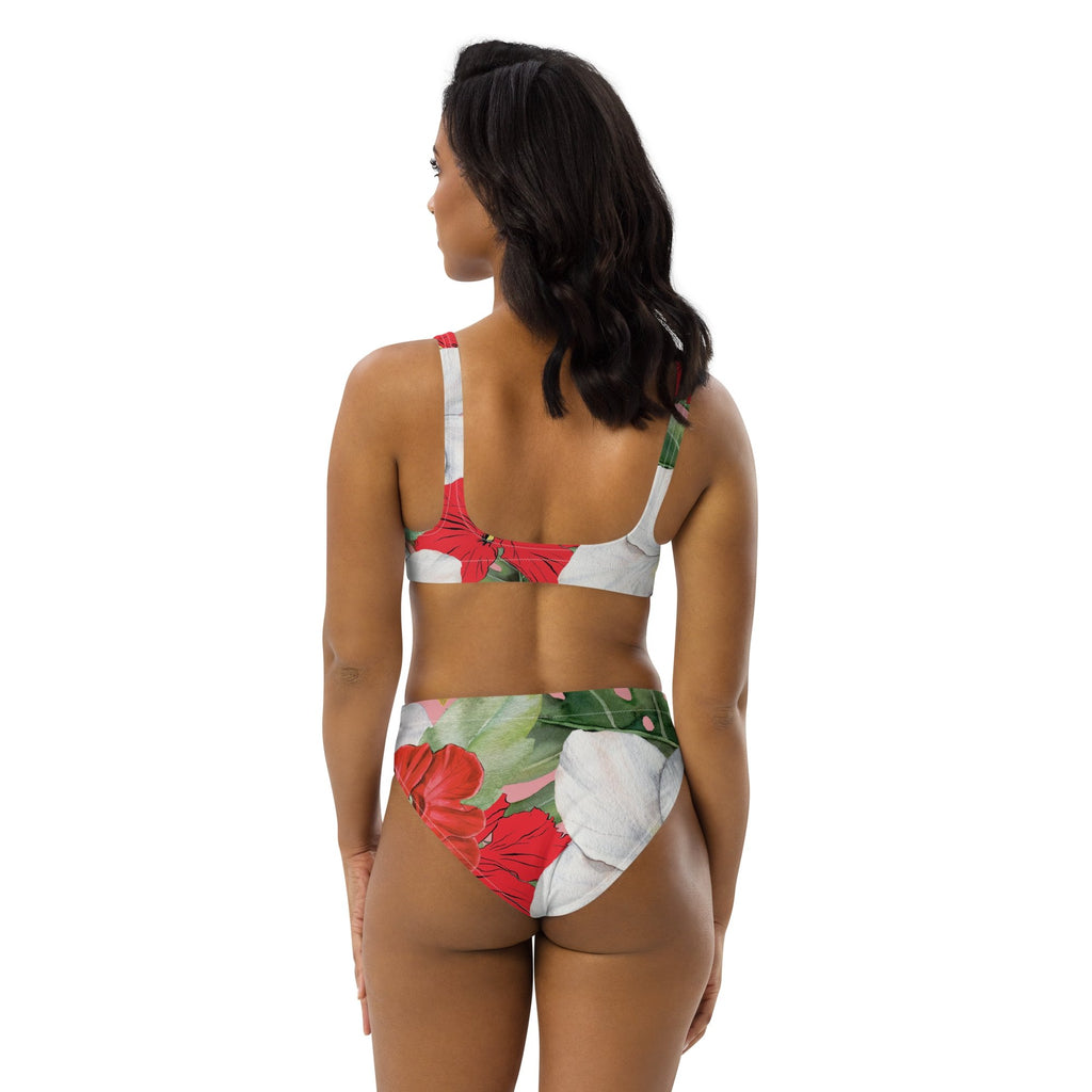 Hibiscus and Monstera Eco-conscious Women's High-Waisted Bikini - Artwork by Lili