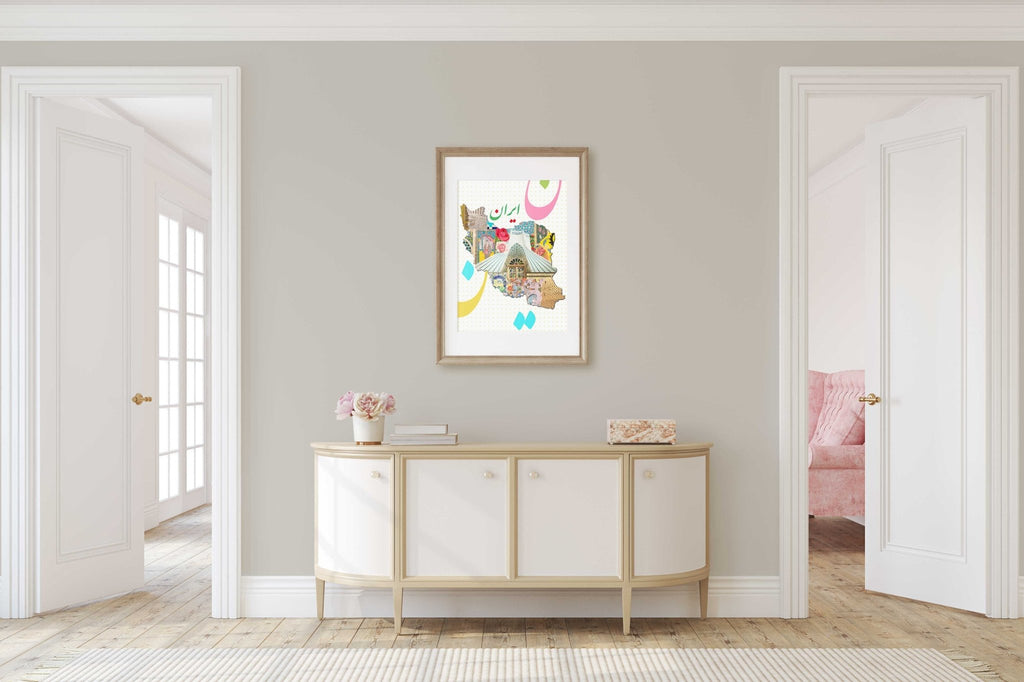 Iran Abstract Collage Map Travel Print, Persian Art History Architecture and Cultural Motifs, Colorful Vibrant Home & Office Wall Art Decor - Artwork by Lili