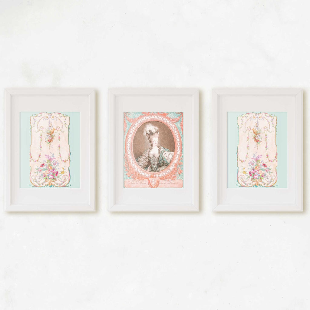 Marie Antoinette Portrait and French Designs Set of 3 Prints, European Royalty, 18th century French Design, Chic Home & Office Wall Art - Artwork by Lili