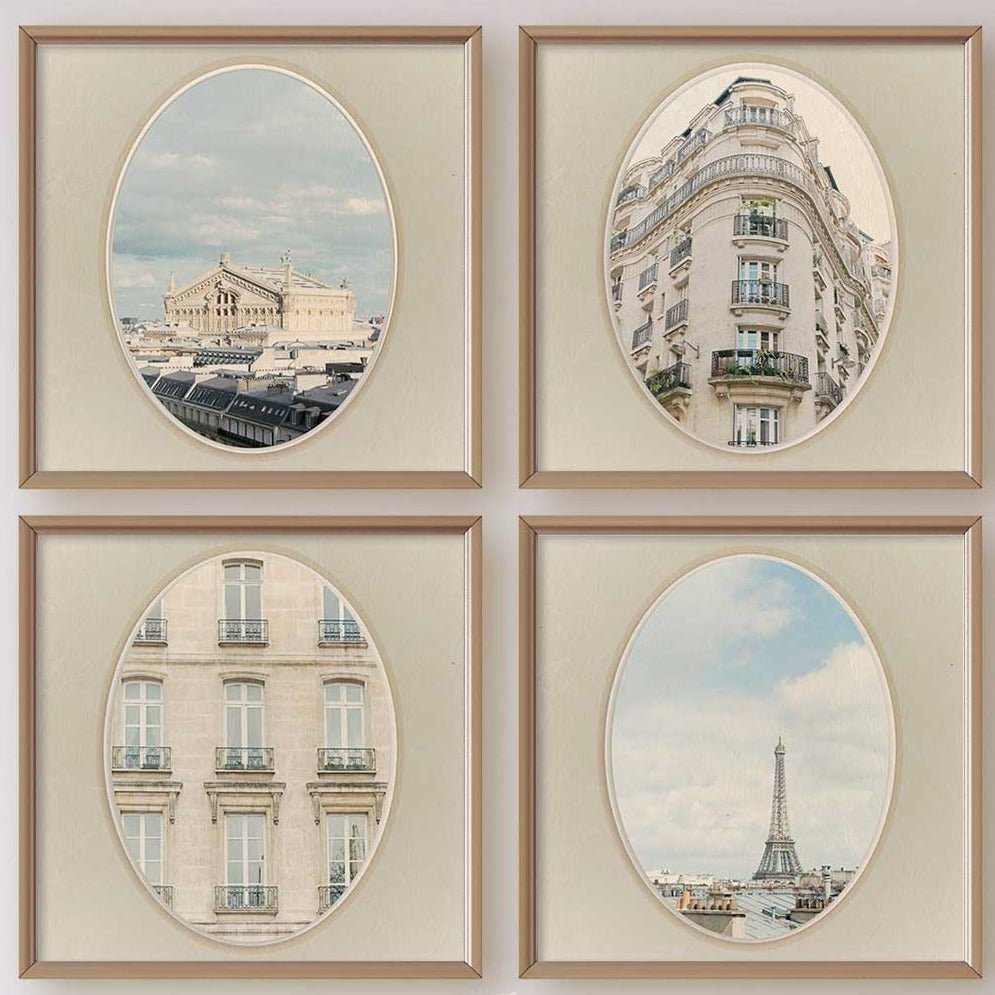 Paris Oval Vintage Inspired Set of 4 Square Prints, Parisian Architecture, Light Beige & Blue Tones, Office Kitchen Bath Nursery Home Decor - Artwork by Lili