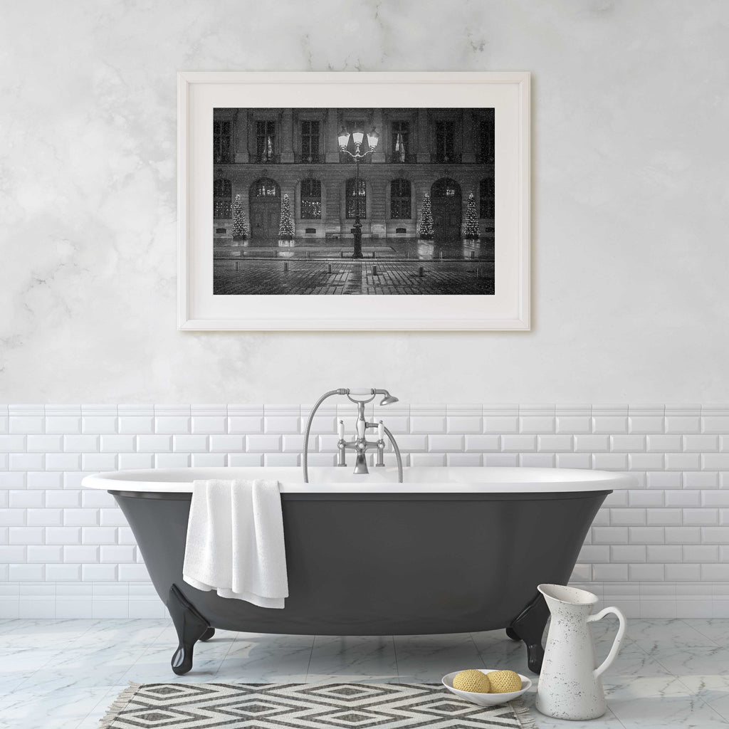 Paris Winter Night Snow Flurries Cityscape, France Parisian Architecture and Travel Photography, Black and White Home & Office Wall Art Prints - Artwork by Lili