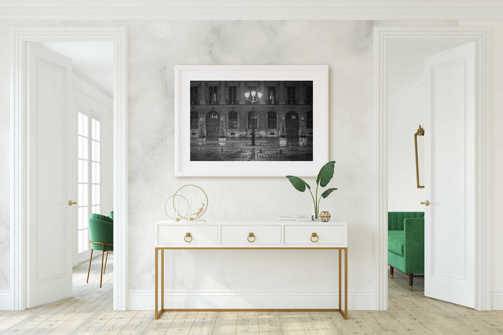 Paris Winter Night Snow Flurries Cityscape, France Parisian Architecture and Travel Photography, Black and White Home & Office Wall Art Prints - Artwork by Lili