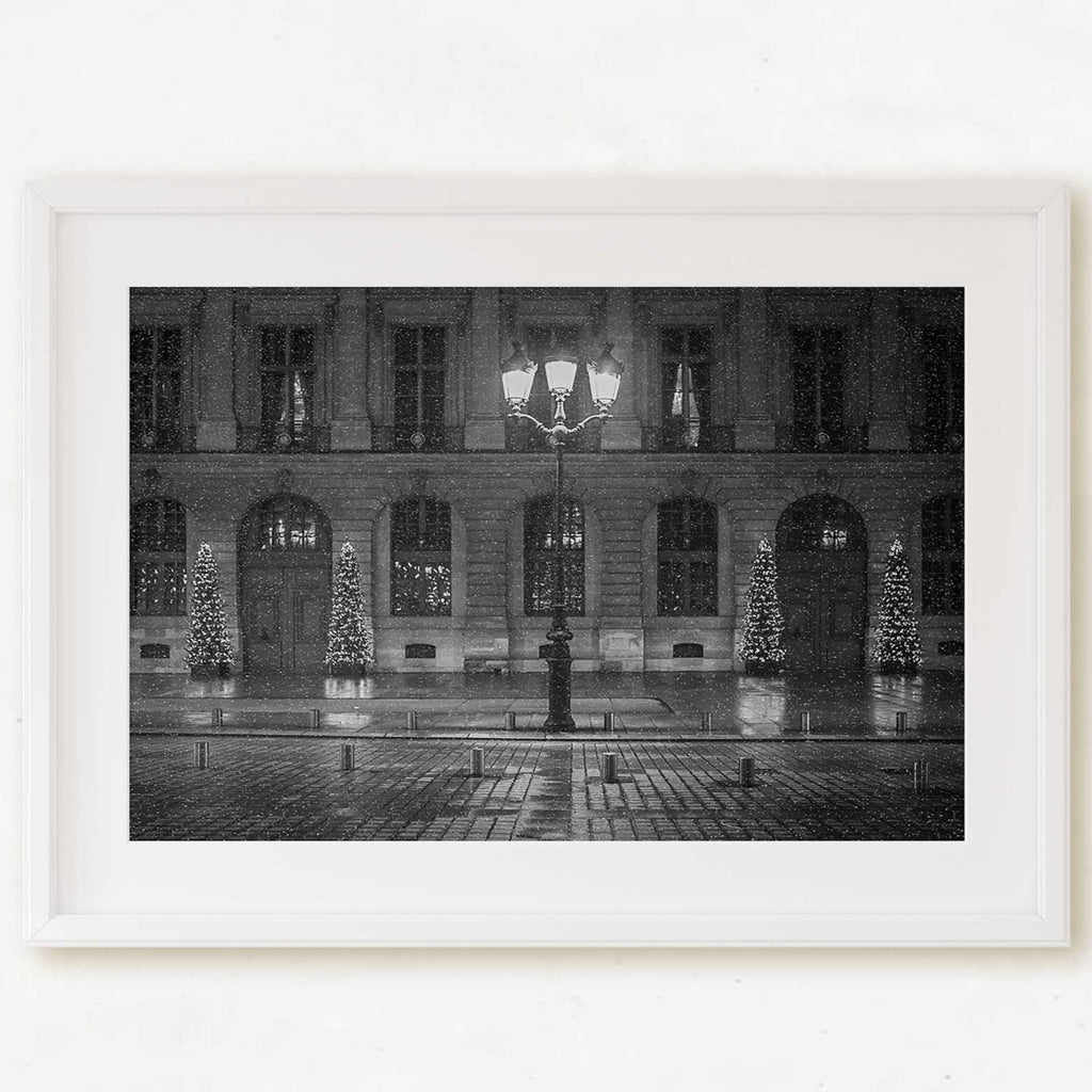 Paris Winter Night Snow Flurries Cityscape, France Parisian Architecture and Travel Photography, Black and White Home & Office Wall Art Prints - Artwork by Lili