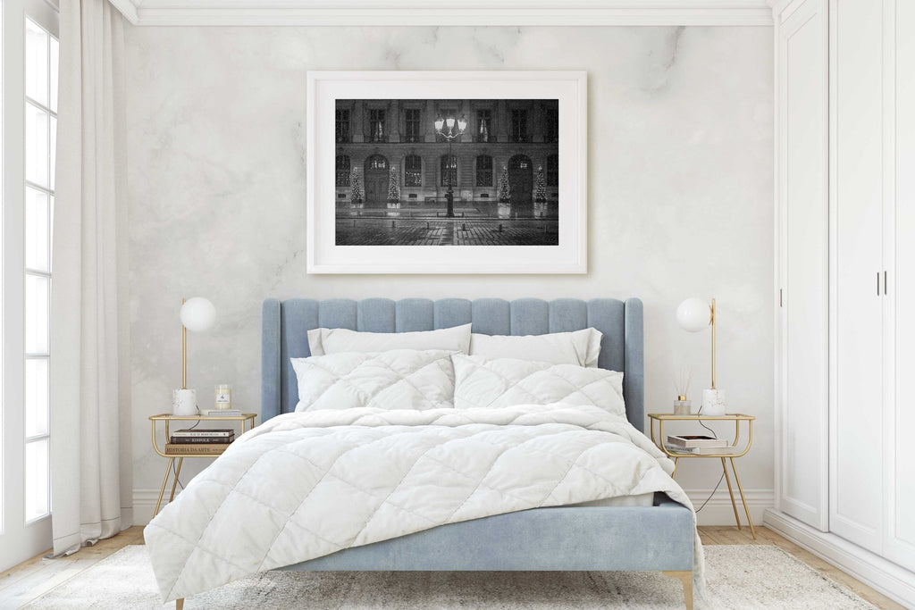 Paris Winter Night Snow Flurries Cityscape, France Parisian Architecture and Travel Photography, Black and White Home & Office Wall Art Prints - Artwork by Lili