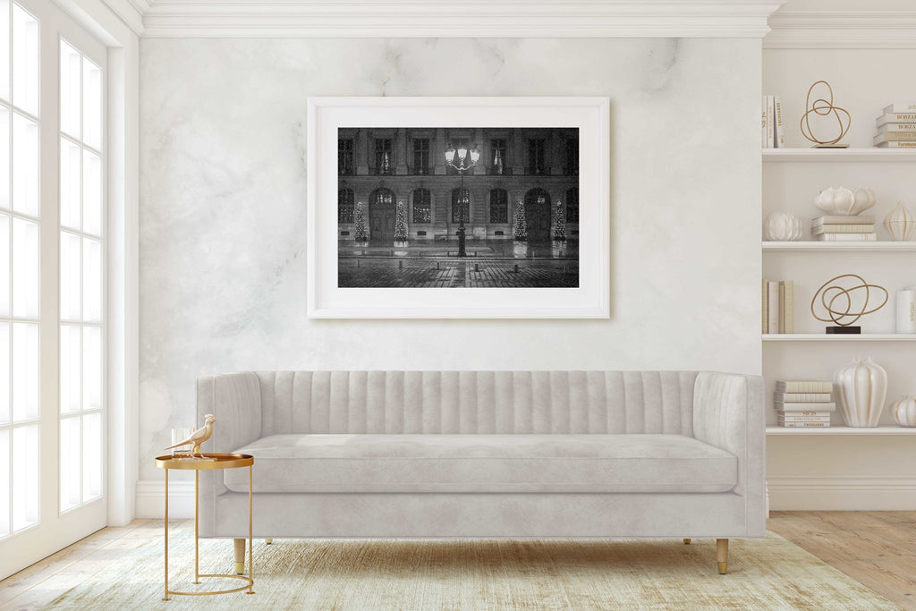 Paris Winter Night Snow Flurries Cityscape, France Parisian Architecture and Travel Photography, Black and White Home & Office Wall Art Prints - Artwork by Lili