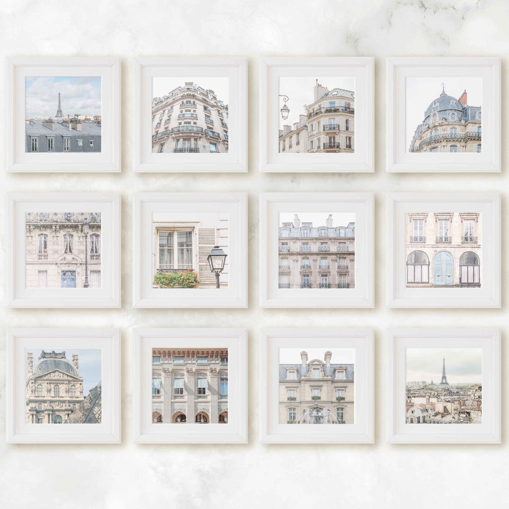 Parisian Cityscape Gallery Wall set of 12 Square 5x5 Prints, Blue & Beige Tones, Affordable Wall Art, France Travel Photograpy, Gift for Traveler - Artwork by Lili