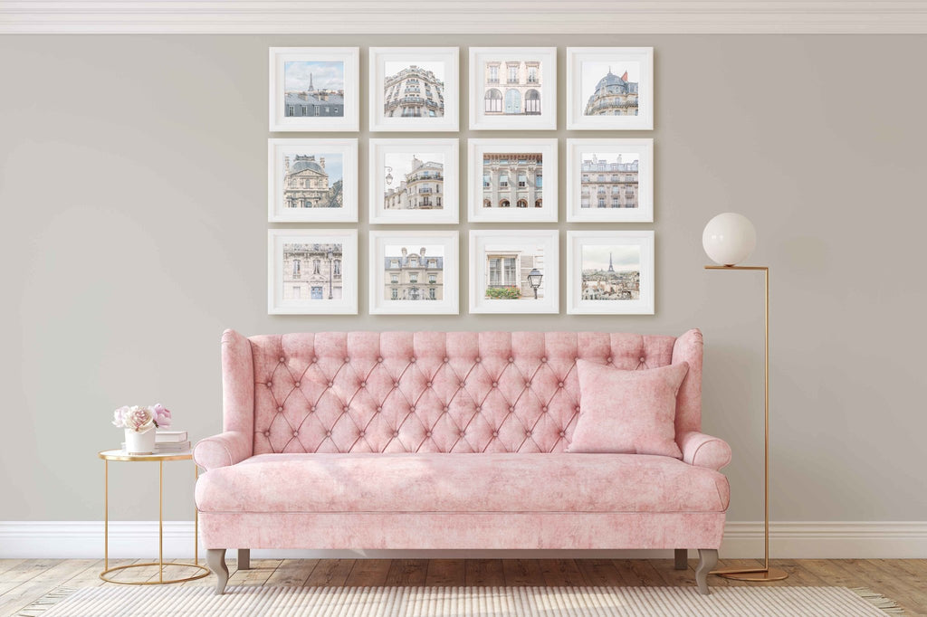 Parisian Cityscape Gallery Wall set of 12 Square 5x5 Prints, Blue & Beige Tones, Affordable Wall Art, France Travel Photograpy, Gift for Traveler - Artwork by Lili