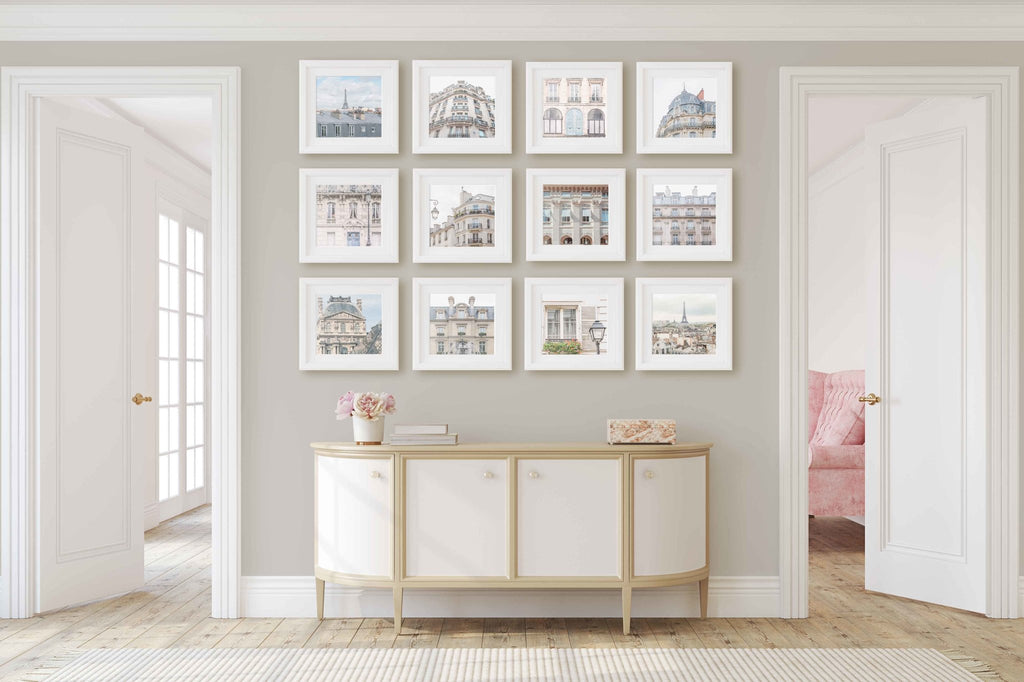Parisian Cityscape Gallery Wall set of 12 Square 5x5 Prints, Blue & Beige Tones, Affordable Wall Art, France Travel Photograpy, Gift for Traveler - Artwork by Lili