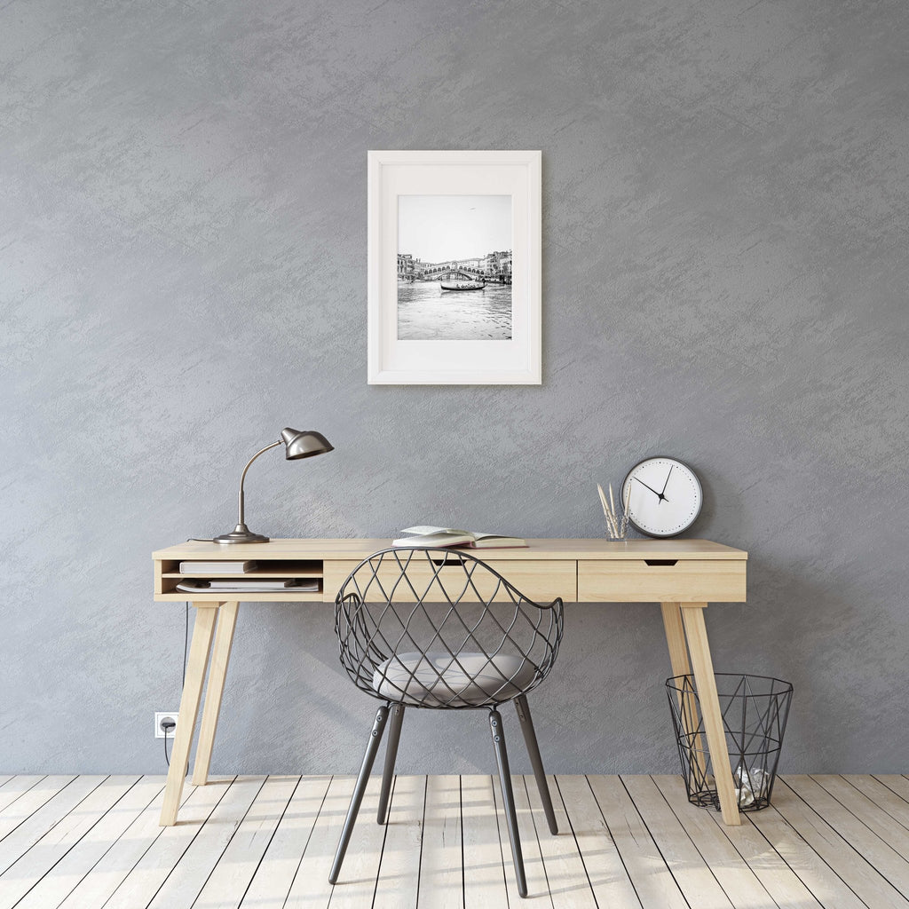 Venice Italy Grand Canal Travel Photography, Gondola + Rialto Bridge Architecture Print, Black and White Home & Office Wall Art - Artwork by Lili