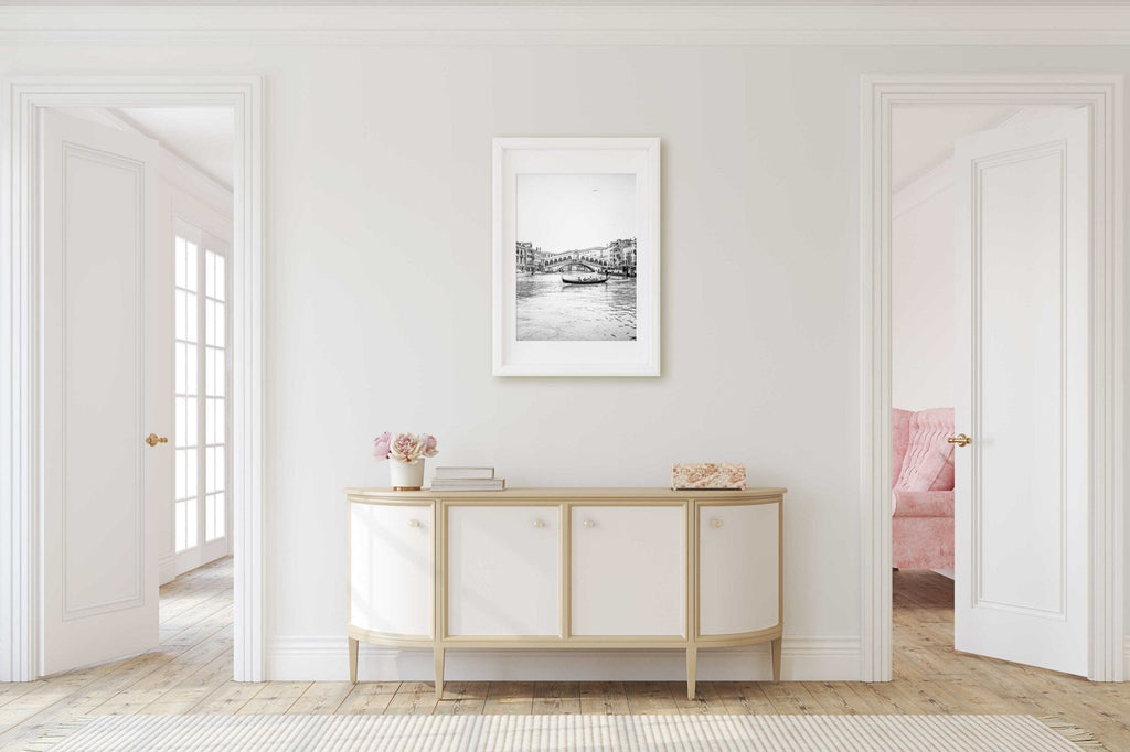 Venice Italy Grand Canal Travel Photography, Gondola + Rialto Bridge Architecture Print, Black and White Home & Office Wall Art - Artwork by Lili