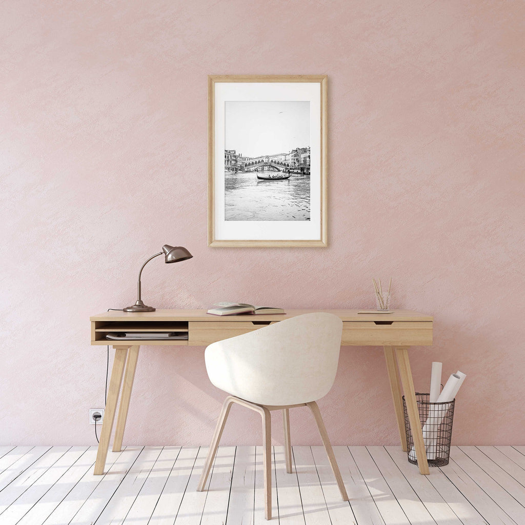 Venice Italy Grand Canal Travel Photography, Gondola + Rialto Bridge Architecture Print, Black and White Home & Office Wall Art - Artwork by Lili