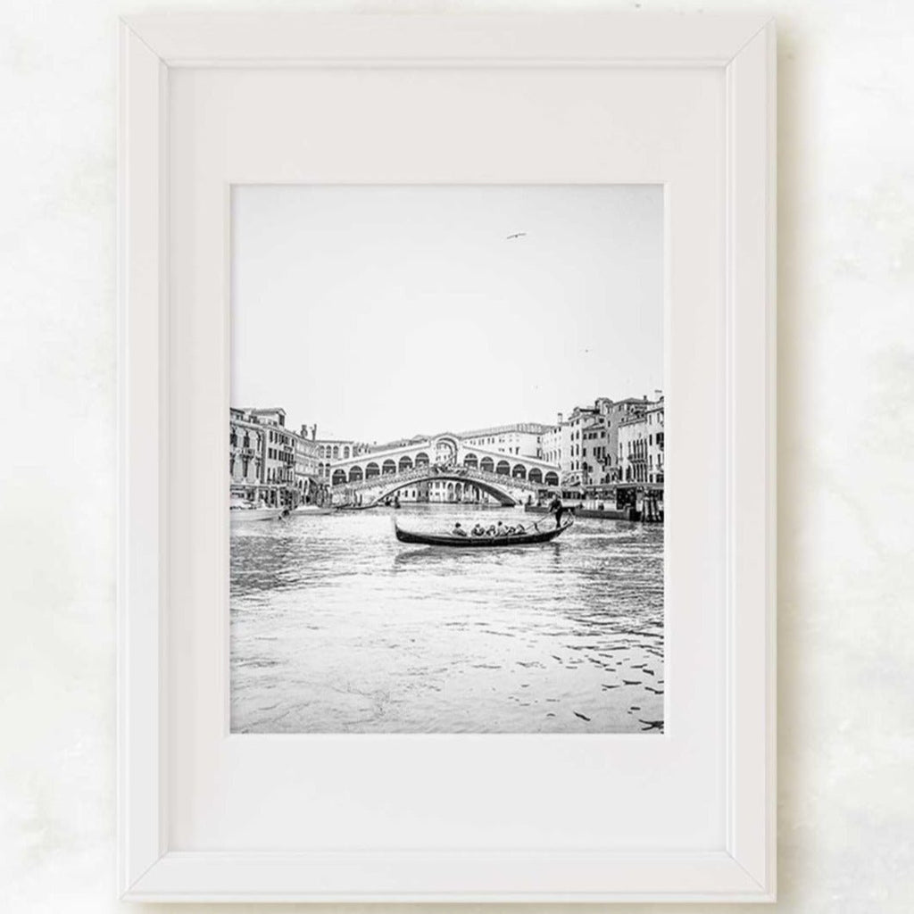 Venice Italy Grand Canal Travel Photography, Gondola + Rialto Bridge Architecture Print, Black and White Home & Office Wall Art - Artwork by Lili