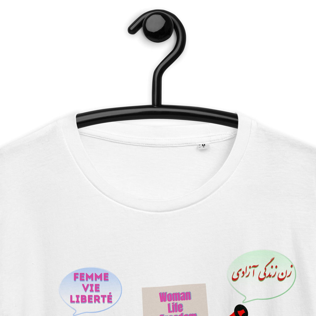 Woman Life Freedom (English/French/Kurdish/Persian) Unisex Organic Cotton T-shirt - Artwork by Lili